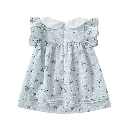 Baby Girl Flower Graphic Bow Tie Decoration Plaid Dress My Kids-USA