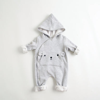 Baby Cartoon Embroidered Pattern Side Snap Button Fleece Rompers With Hat My Kids-USA