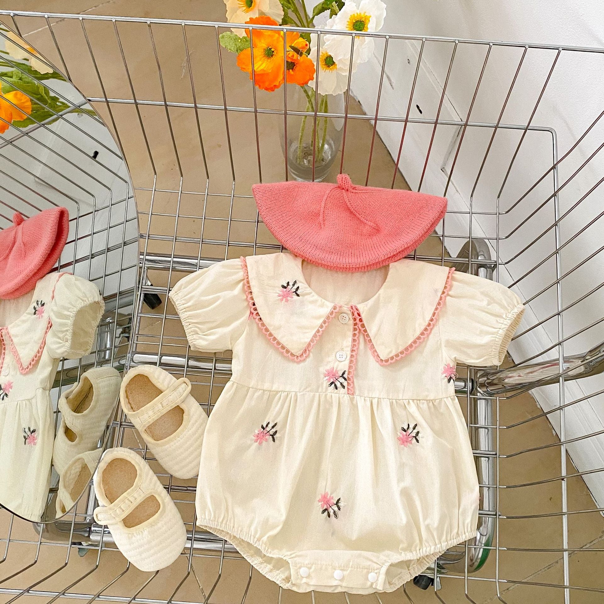 Baby Girl Flower Embroidered Pattern Round Neck bodysuit, MyKids-USA®, Baby One-Pieces, MyKids-USA - Size/Age - 66 (3-6M) - Color - Apricot -  -  - MA2304232023-A.