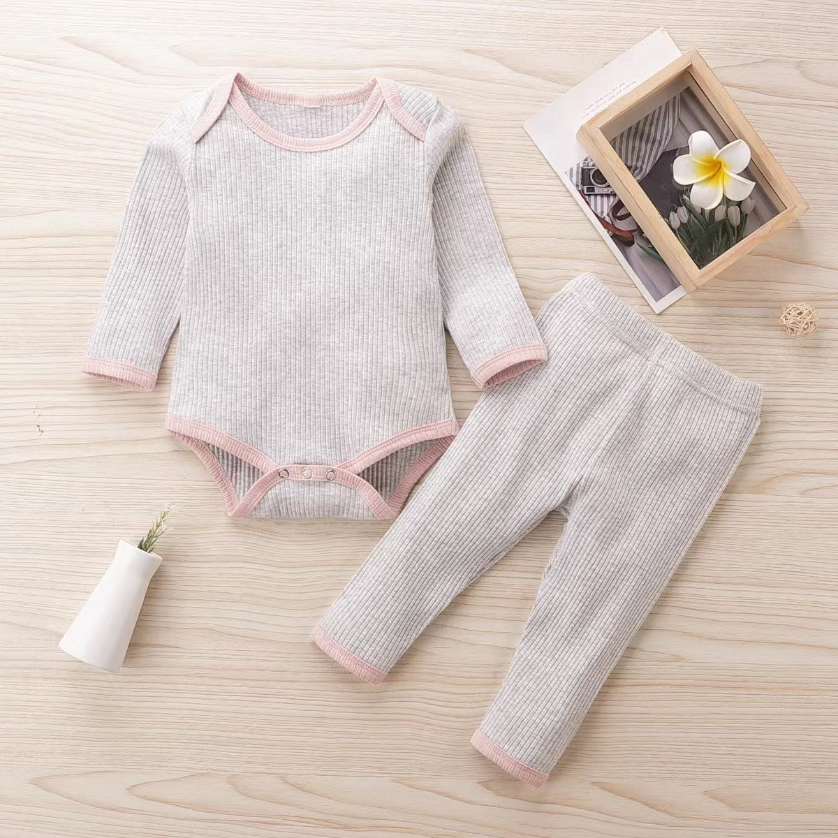Baby Ribbed Knitted Pattern Solid Color Onesies Combo Trousers Sets Pajamas My Kids-USA