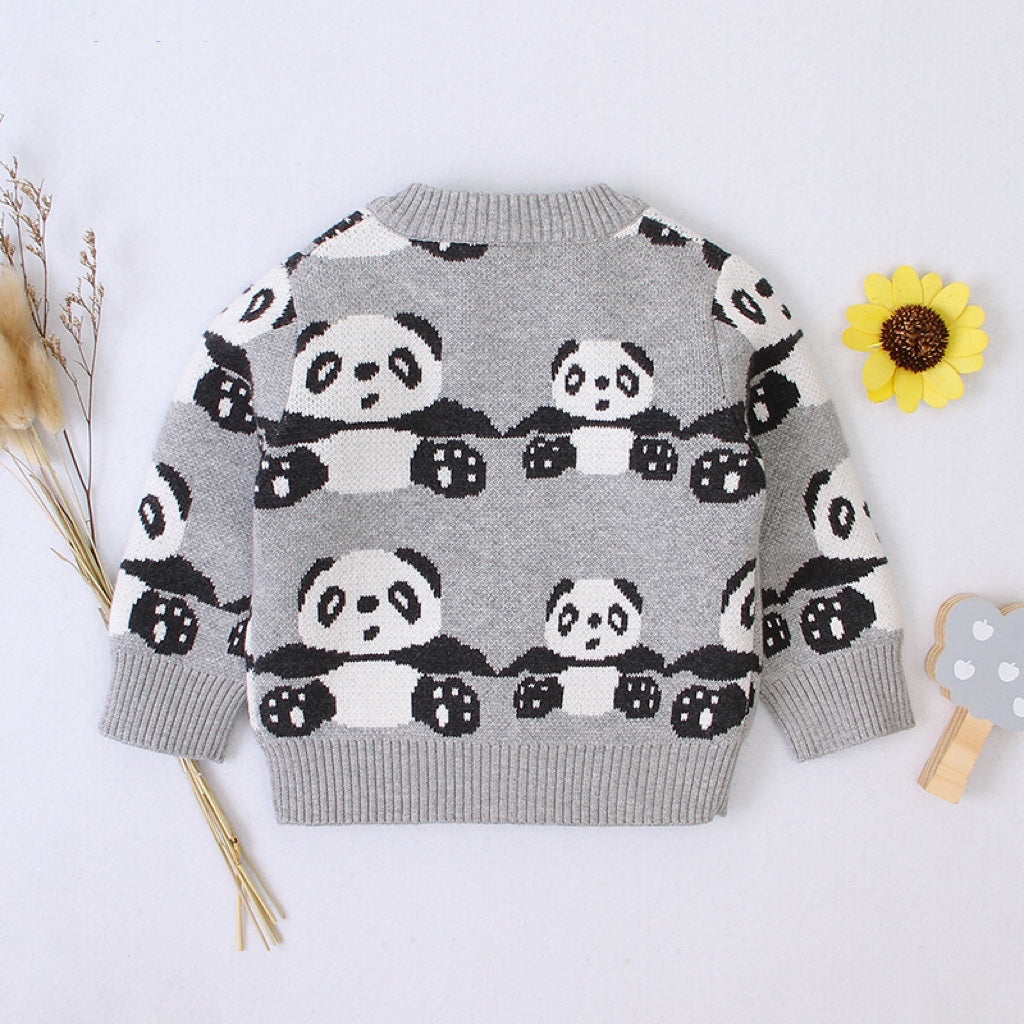 Baby Cartoon Panda Graphic Zipper Front Design Knitted Thermal Cardigan My Kids-USA