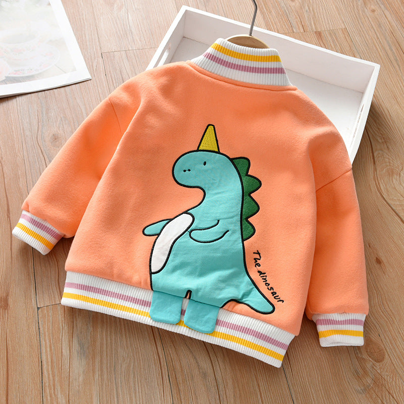 Baby Boy Back Cartoon Dinosaur Graphic Striped Cuff & Hem Design Fleece Thickened Coat My Kids-USA