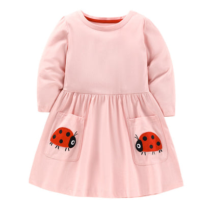 Baby Girl Solid Color Cartoon Animal Embroidered Design Dress