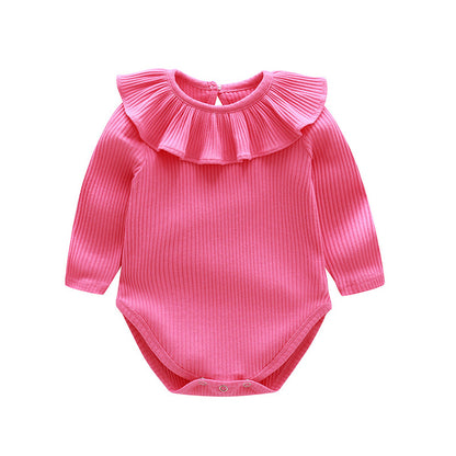 Baby Solid Color Ruffle & Buttoned Design Long-Sleeved O-Neck Onesies