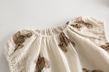 Baby Girl Bear Print Pattern Sleeveless Round Collar Tops Combo Shorts Two-Piece Sets My Kids-USA
