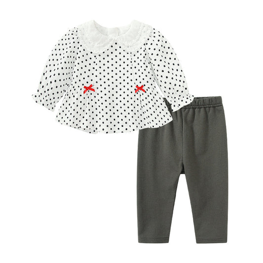 Camisa de solapa de estilo dulce con patrón de lunares para niña bebé con conjuntos de pantalones sólidos 
