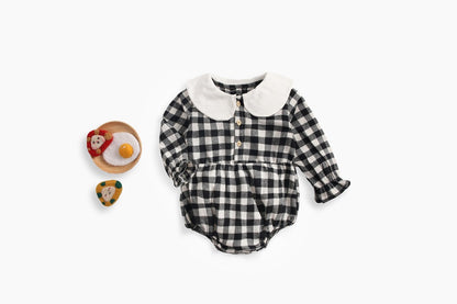 Baby Girl Plaid Pattern Doll Collar Design Long Sleeve Onesies With Buttons My Kids-USA
