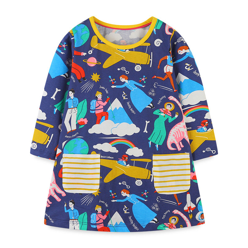 Baby Girl Cartoon Animal Pattern O-Neck Long Sleeve Fashion Dress My Kids-USA