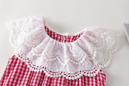 Baby Girl Red Plaid Pattern Lace Patchwork Design Round Neck Sleeveless Onesies With Headband My Kids-USA