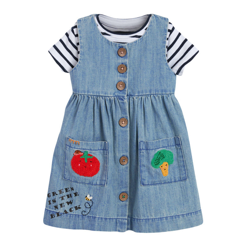 Baby Girl Cartoon Vegetable Embroidered Pattern Button Front Denim Vest Dress My Kids-USA