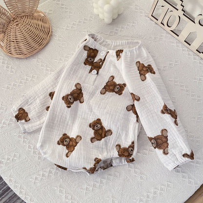 Baby Boys And Girls Bear Print Pattern Round Collar Long Sleeve Onesies With Bottons