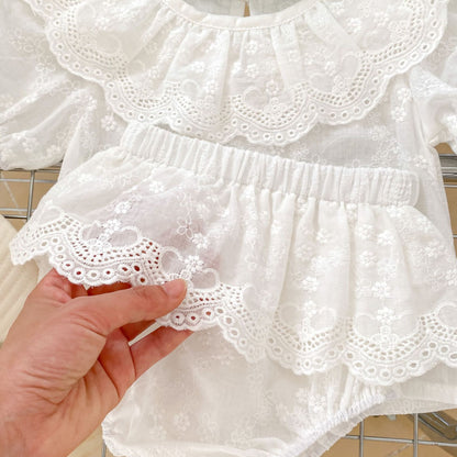 Baby Girl Solid Color Ruffle Neck Clothing Sets In Summer