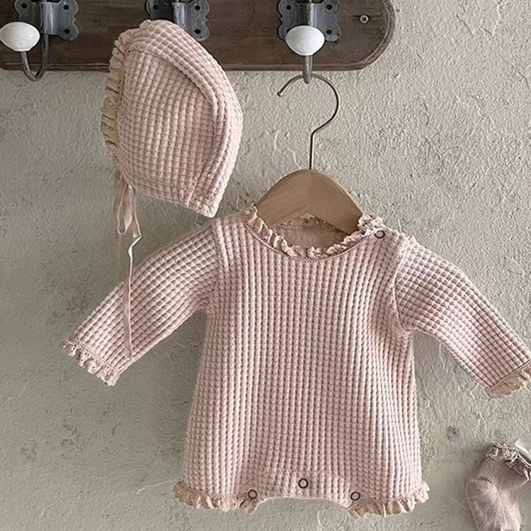 Baby Girl Solid Color Waffle Pattern Lace Design Long Sleeves Triangle Bodysuit My Kids-USA