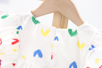 Baby Girl Heart Print Ruffle Design Sleeveless Dress In Summer My Kids-USA