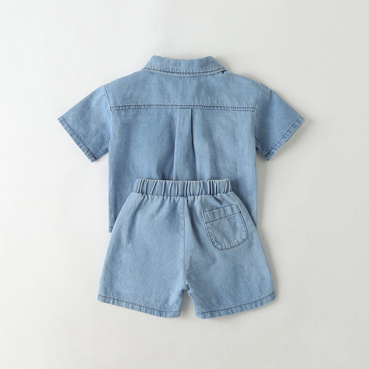 Baby Solid Color Butoon Front Denim Shirt Combo Shorts Sets In Summer My Kids-USA