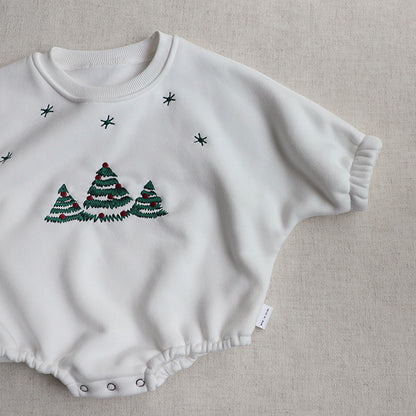 Bebé árbol de Navidad bordado patrón manga larga polar invierno Onesies 