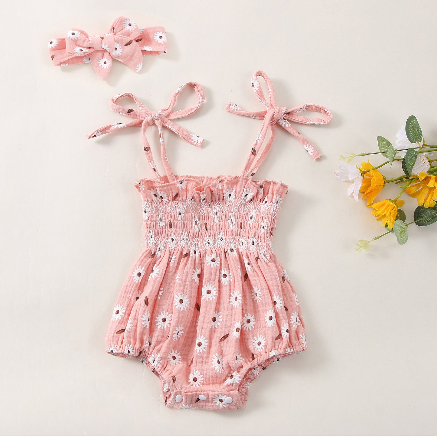 Baby Girls Little Floral Print Lace Patchwork Design Sling Thin Style Onesies