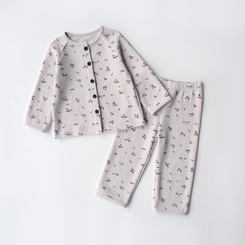 Baby Floral Graphic Waffle Fabric Cardigan Combo Pants Soft Sets Tracksuit Home Clothes My Kids-USA