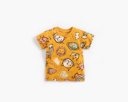 Baby Girl Cartoon Print O-Neck T-Shirt Combo Ruffle Shorts Sets In Summer