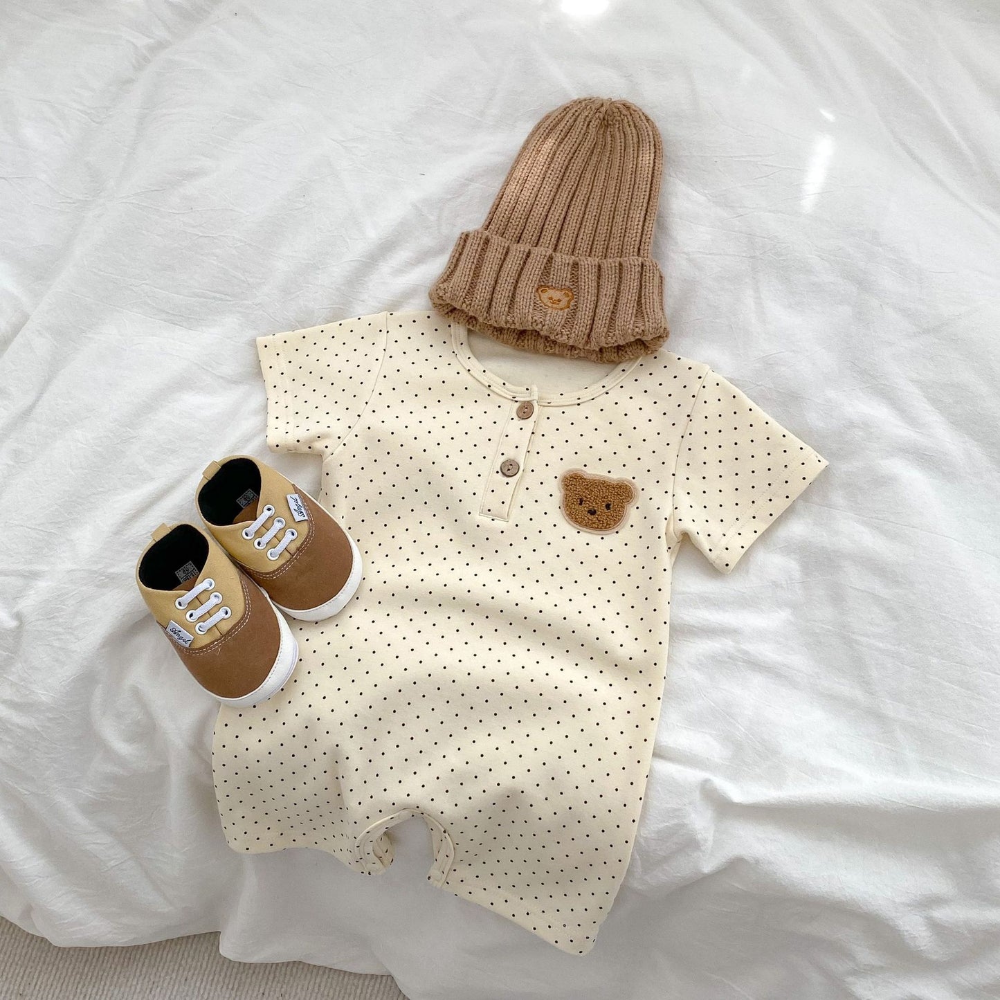Baby Bear Pattern Dot Graphic Crewneck Rompers In Summer