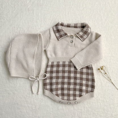 Baby Checkerboard Pattern Polo Neck Knit Warm Onesies