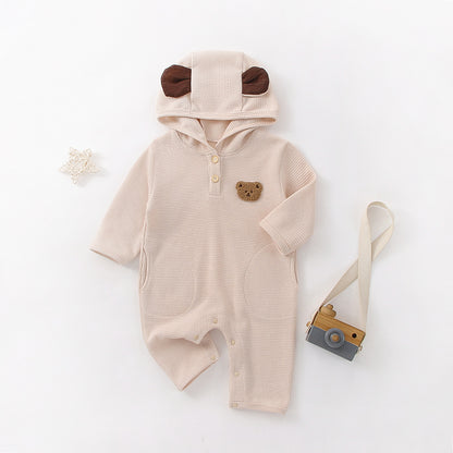 Mameluco de manga larga de tela de gofre con patrón bordado de oso de dibujos animados para bebé 