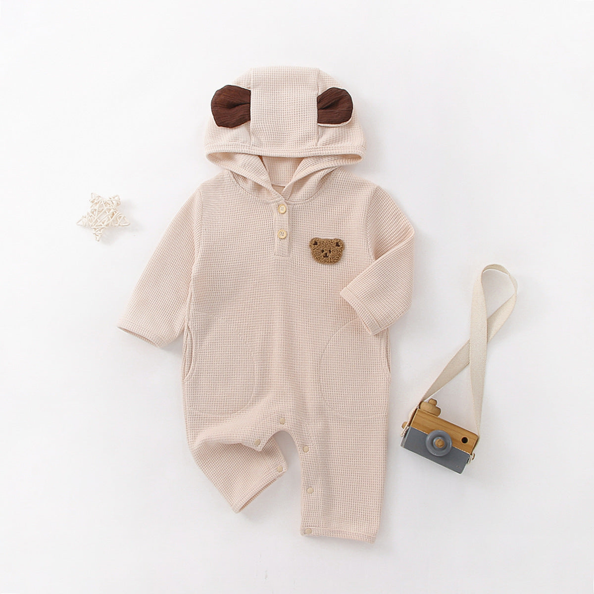 Barboteuse à manches longues en tissu gaufré à motif brodé ours de dessin animé pour bébé 