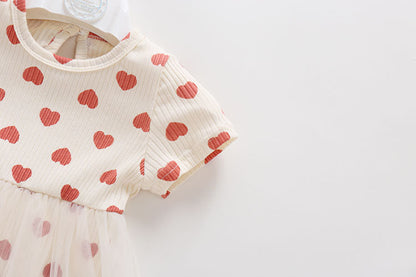 Baby Girl Mesh Patchwork Design Small Heart Print Pattern Round Neck Short-Sleeve Onesie Dress