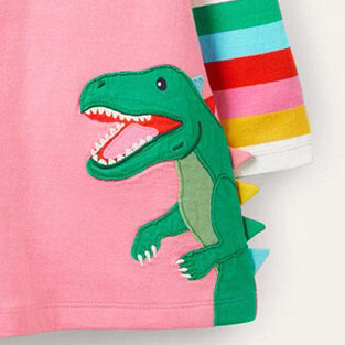Baby Girl Dinosaur Patch Design Colorful Striped Sleeve Loose Dress My Kids-USA