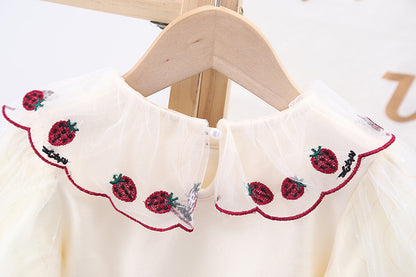 Baby Girl Strawberries Embroidered Graphic Doll Neck Puff Sleeves Bow Patched Shirt My Kids-USA