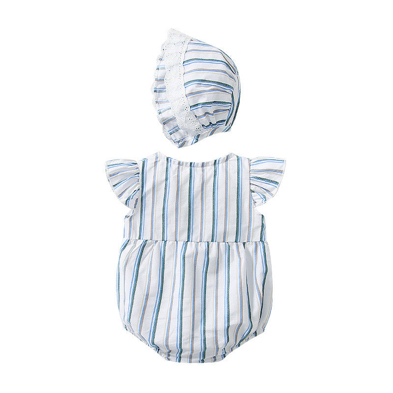 Baby Girl Striped Print Lace Patchwork Design Sleeveless Onesies My Kids-USA