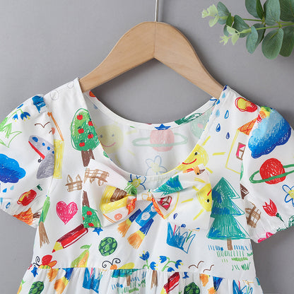 Baby Print Pattern Bow Patched Design Short Sleeve Dress In Summer