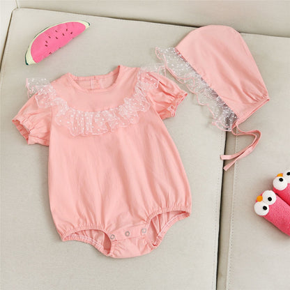 Baby Girl 1pcs Solid Color Polka Dot Graphic Mesh Patchwork Crotch Onesies My Kids-USA