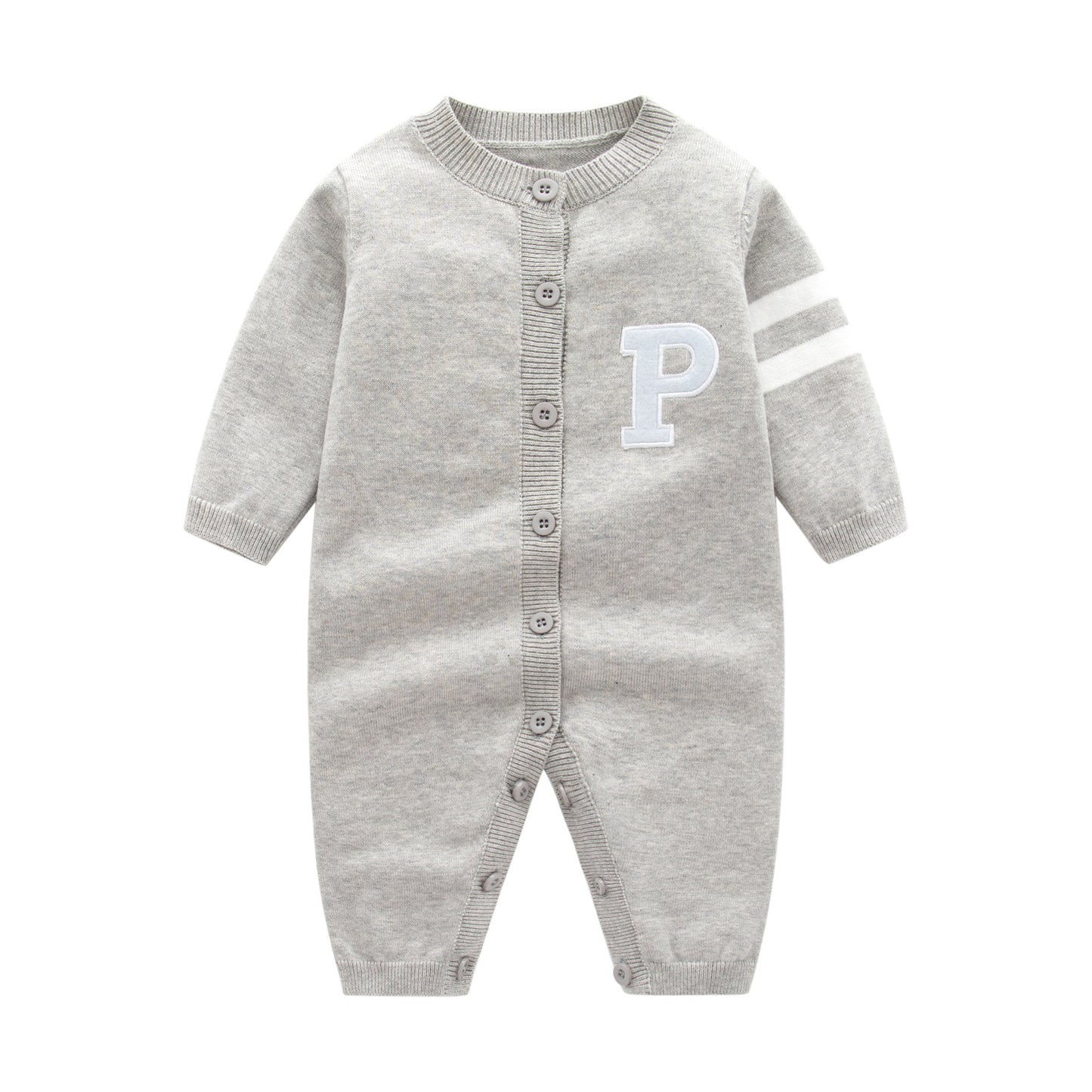 Mameluco de moda con botones completos y diseño de rayas laterales con patrón bordado de letras para bebés 