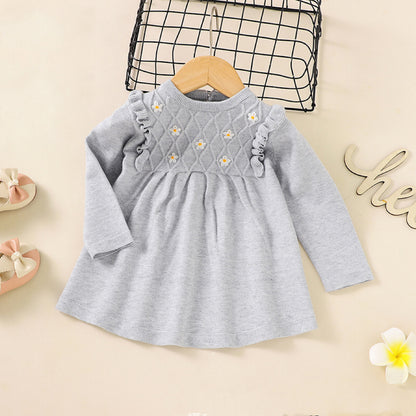 Baby Girl Flower Patched Pattern Solid Color Knitted Dress My Kids-USA