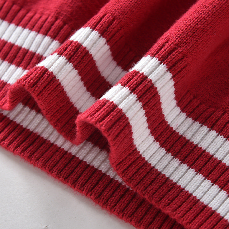 Baby Solid Color Striped Hem Design O-Neck Knit Sweater My Kids-USA