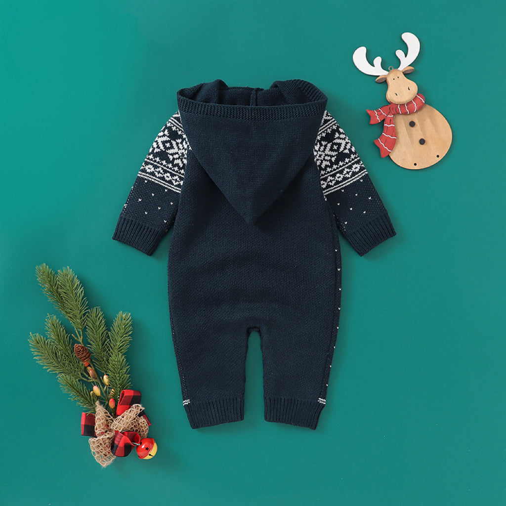 Baby Boy And Girl Christmas Print Pattern Knit Hooded Jumpsuits My Kids-USA