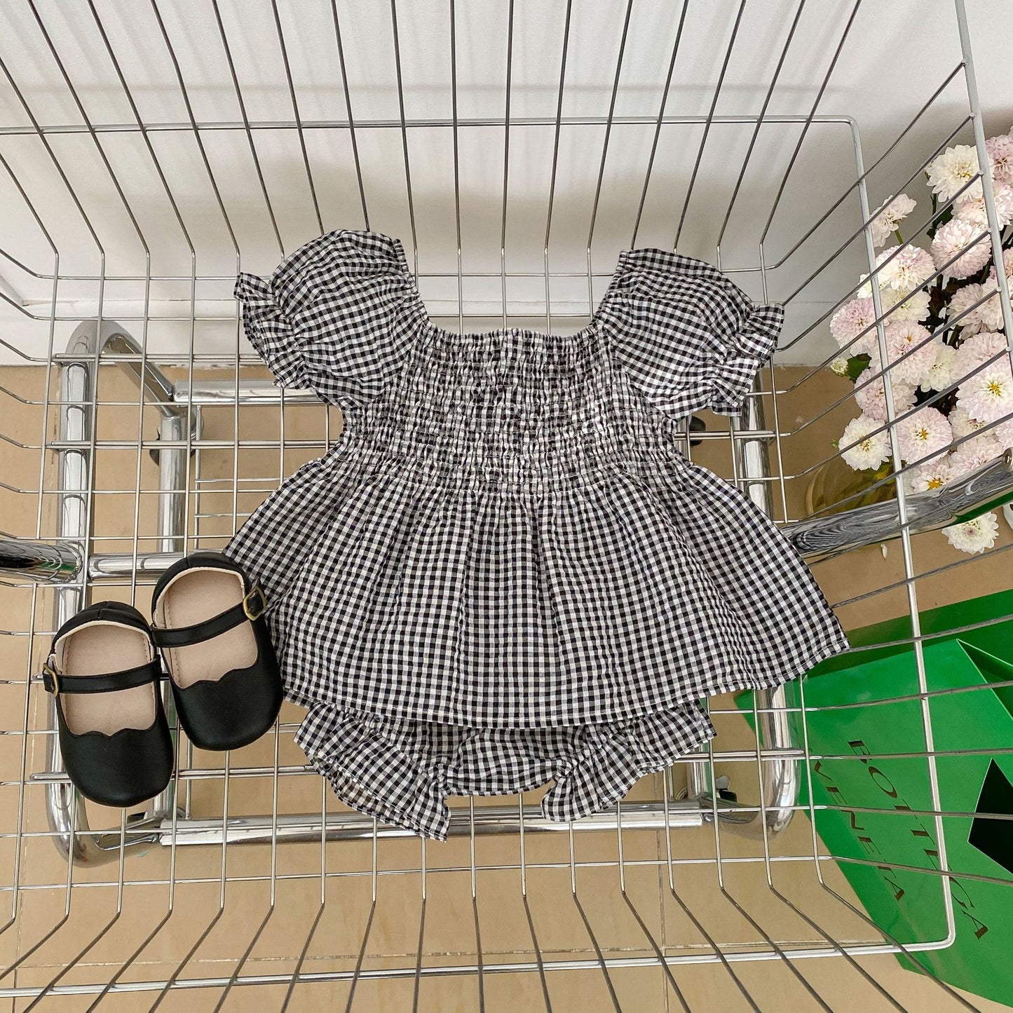 Baby Girl Plaid Pattern Square Neck Shirt Combo Ruffle Neck Sets