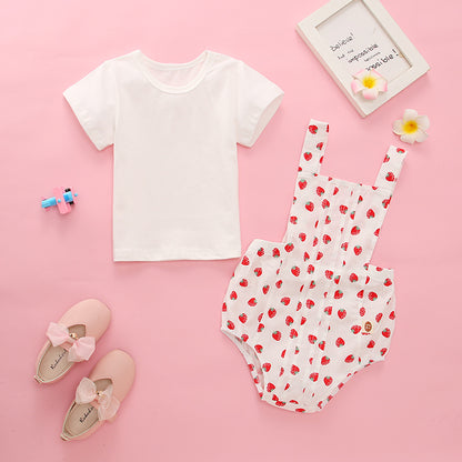 Baby Girl White T-Shirt Combo Strawberry Print Strap Onesies Sets In Summer My Kids-USA