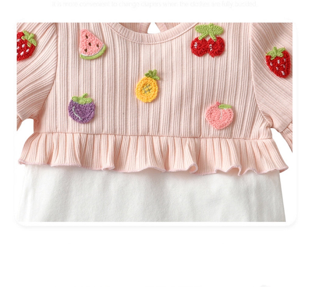 Baby Girls Fruit Embroidered Graphic Lace Sleeve Onesies & Headband My Kids-USA