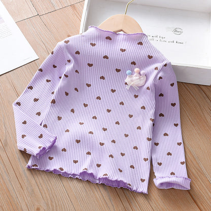 Baby Girl Heart Print Pattern Wooden Ear Design Cotton Shirt My Kids-USA