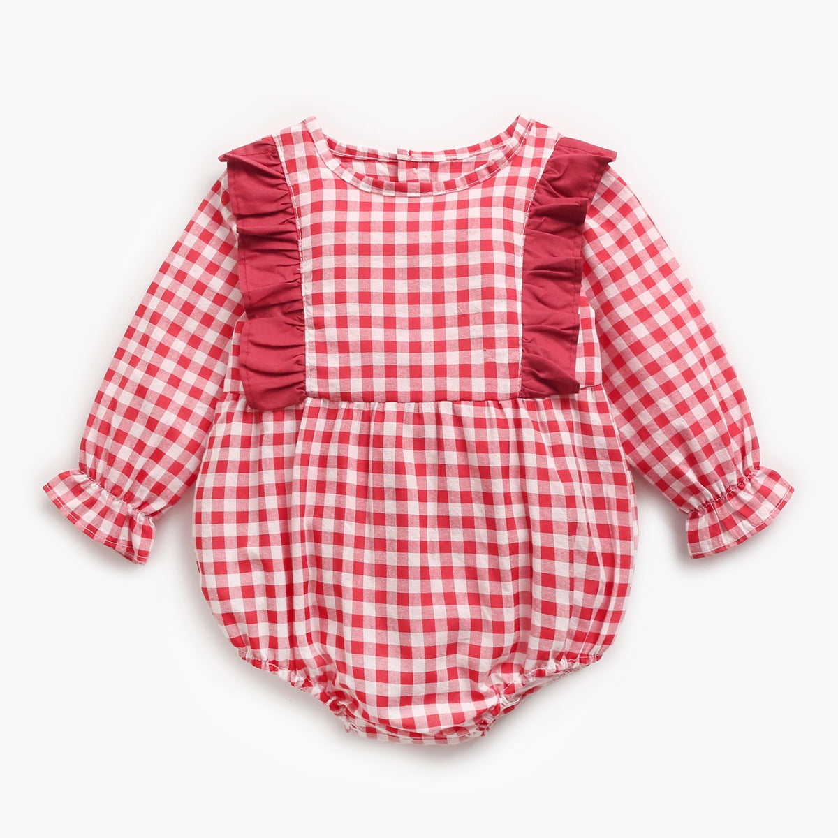 Baby Girl 1pcs Plaid Pattern Ruffle Design Puff Sleeve Bodysuit My Kids-USA