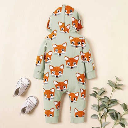 Baby Boy Allover Fox Pattern Button Front Lovely Romper With Hat Rompers My Kids-USA