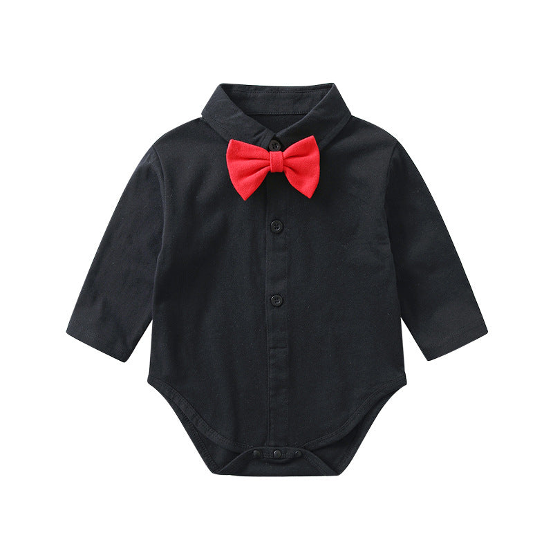 Baby Boy Solid Color Bow Tie Patched Design Long Sleeve Onesies My Kids-USA