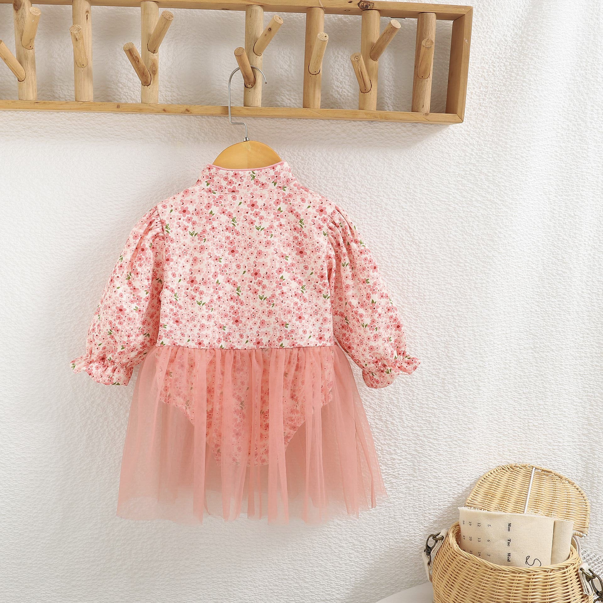Baby Girl Ditsy Flower Pattern Mesh Overlay Design Cheongsam Onesie Dress My Kids-USA