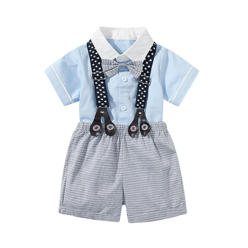 Baby Boy Solid Color Single Breasted Design Onesies With Bow Tie Combo Striped Overalls Shorts Sets My Kids-USA