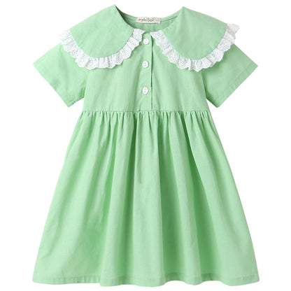 Girl Solid Color Lace Patchwork Design Doll-Neck Dress My Kids-USA
