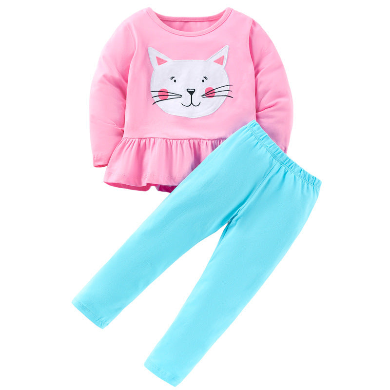 Baby Girl Cartoon Cat Embroidered Pattern Shirt Combo Solid Pants Sets My Kids-USA