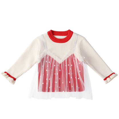 Baby Girl Dot Pattern Mesh Overlay Design Puff Sleeves Sweet Knitwear My Kids-USA