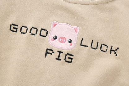 Baby Girl Piggy & Slogan Pattern Bat Sleeves Cotton O-Neck Bodysuit My Kids-USA